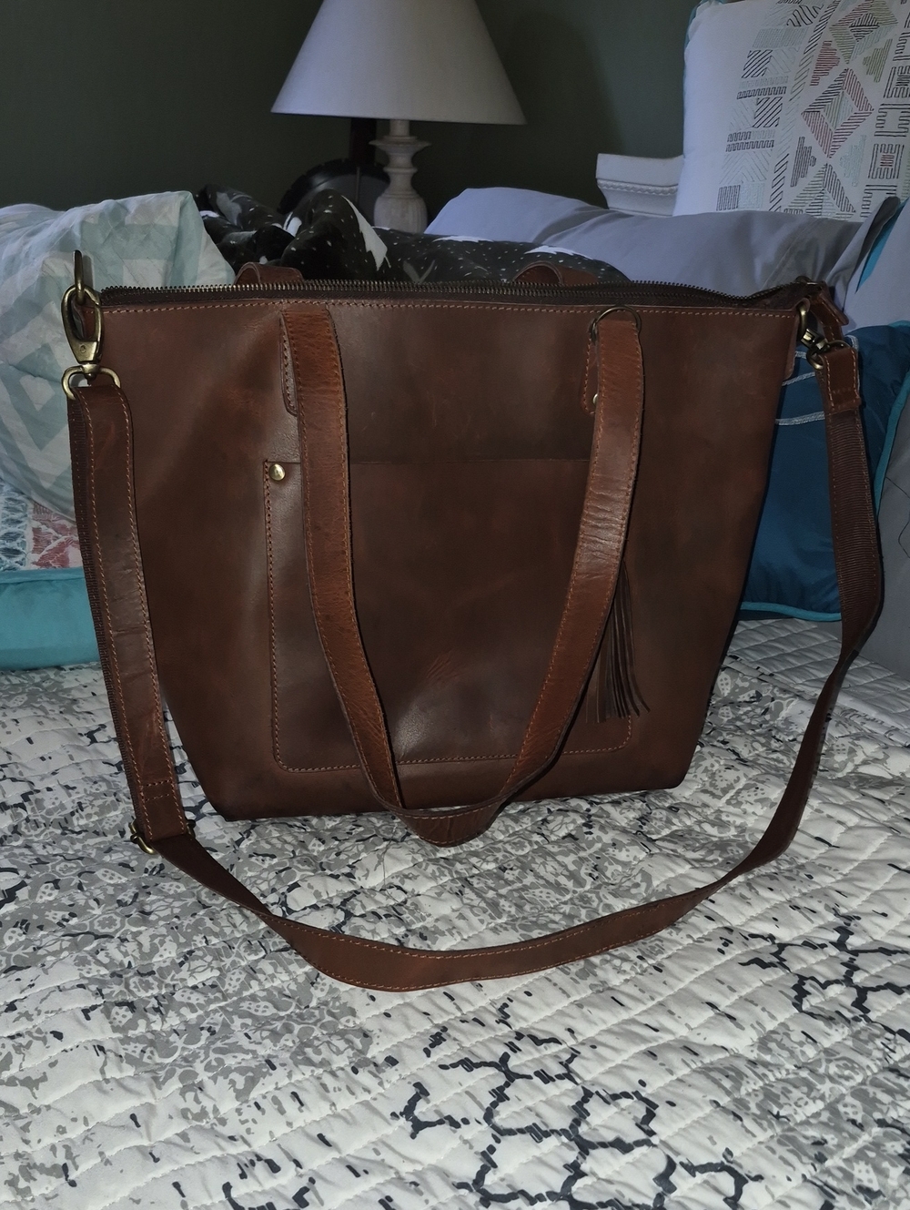 Large,brown Leather Tote With Tassel Key Ring